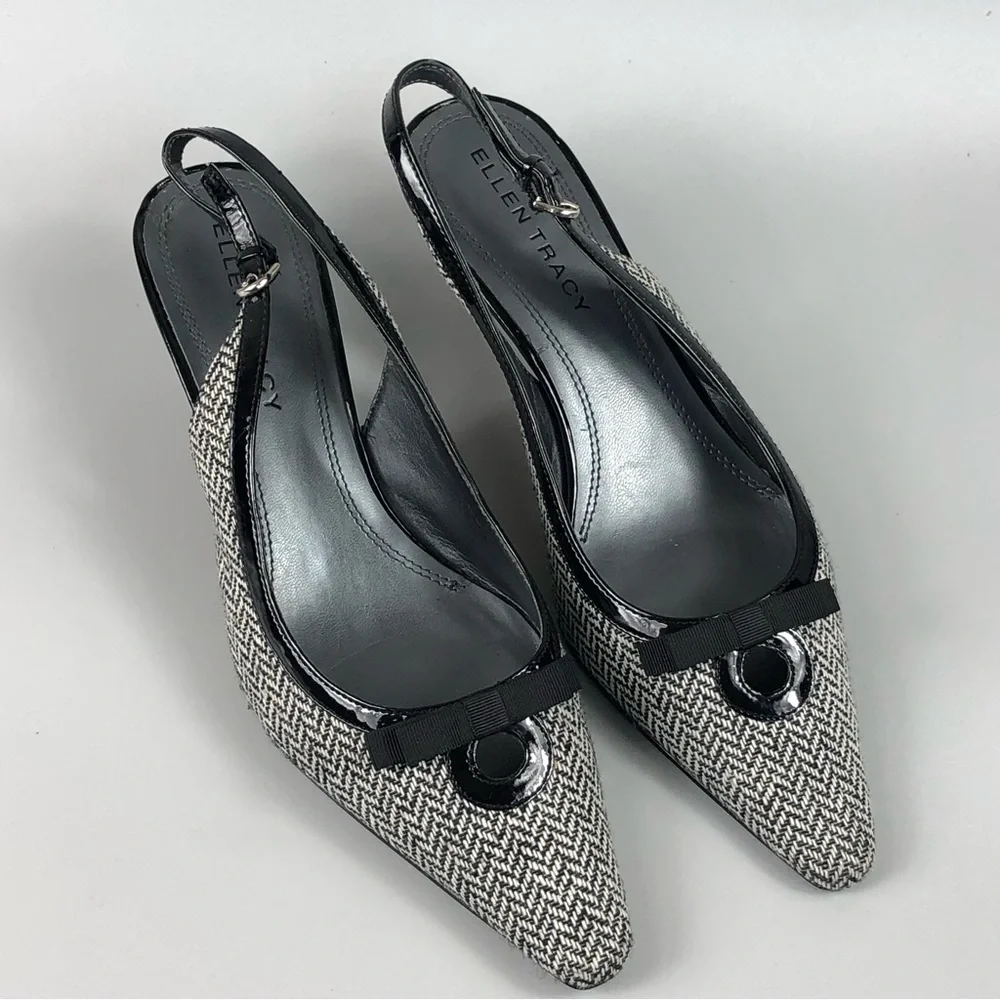 Ellen Tracy Black and White Tweed Slingback Heels